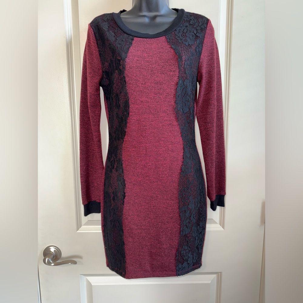 Three Pink Hearts Maroon and Black Long Sleeve Sweater Dress Lace Medium Bodycon